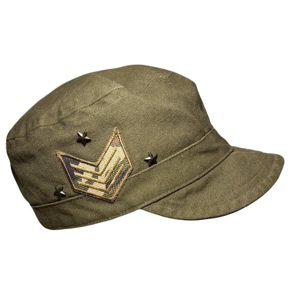 Military Style Hat Army Green With Embroidered Patch & Star Accents - Picture 1 of 7